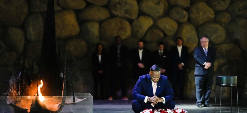 New York City Mayor Eric Adams visits Yad Vashem in Jerusalem, where he laid a wreath in the Hall of Remembrance, on the second day of a 3-day visit to Israel on August 22, 2023 