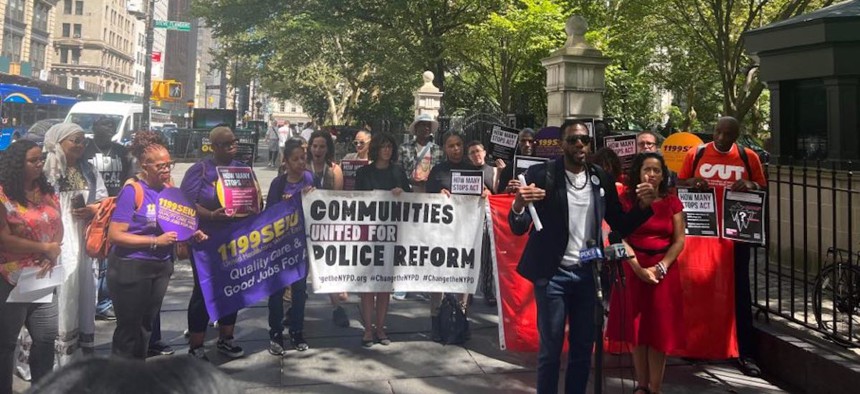 Advocates staged a rally for the “How Many Stops” act on Wednesday outside New York City Hall.