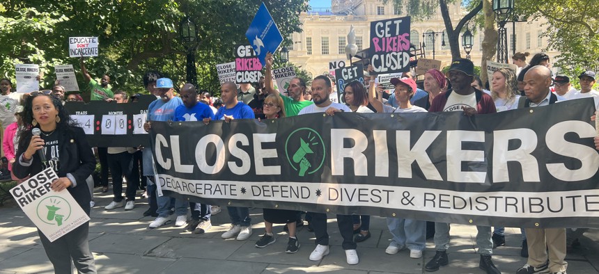 New York City Council Member Alexa Aviles speaks at a rally in City Hall Park to launch a countdown towards the closure of Rikers Island. 