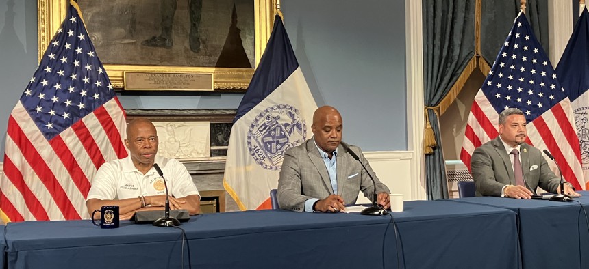 From left, Mayor Eric Adams, Deputy Mayor for Public Safety Phil Banks and NYPD Commissioner Edward Caban