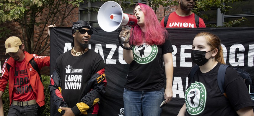 The Amazon Labor Union and Starbucks Workers United teamed up a year ago to protest union-busting actions by both companies.