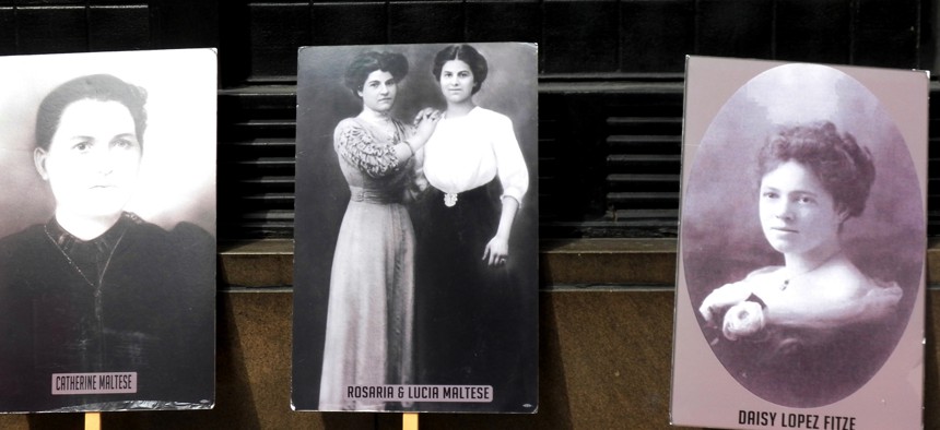 Images of some of the 150 workers who perished in the 1911 Triangle Shirtwaist Factory fire on display in Greenwich Village where the blaze happened. 