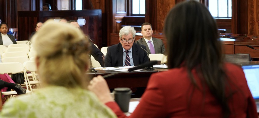 DOC Deputy Commissioner for Legal Affairs Paul Shechtman (left) testifies at a City Council hearing on May 30, 2023.