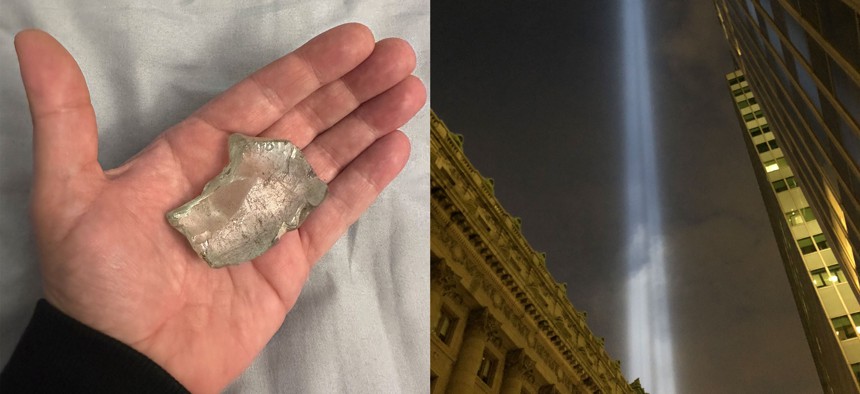 A memento salvaged by first responders from the pile at Ground Zero and a view of the Tribute in Light annual art installation in remembrance of those lost on Sept. 11 from Whitehall Street in Lower Manhattan.