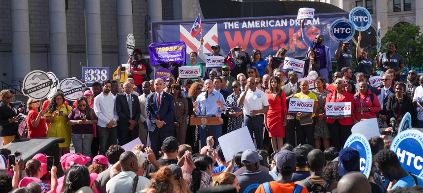 New York City Mayor Eric Adams hosted a rally last month to call for expedited work authorization for asylum-seekers.