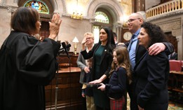 Former state Sen. Diane Savino, right, attends the swearing in ceremony of her successor and former staffer Jessica Scarcella-Spanton.