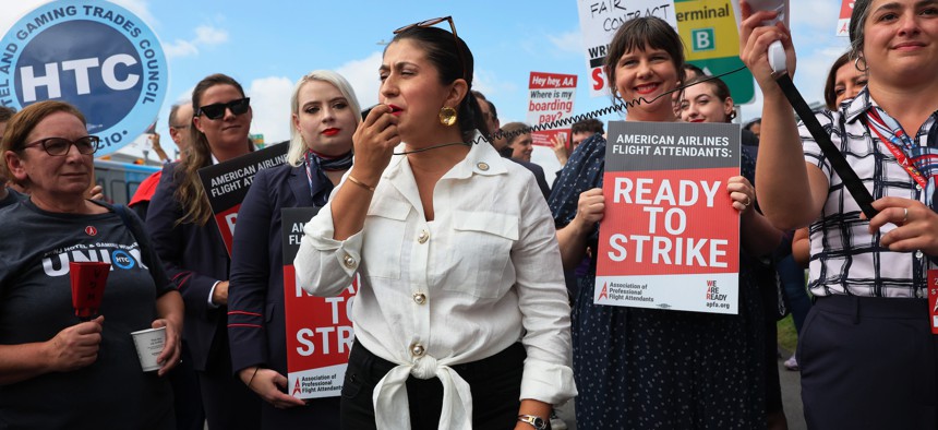 State Sen. Jessica Ramos, chair of the Labor Committee, spoke at a picket rally for flight attendants in August.