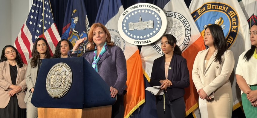 Alongside City Council members, Win CEO Christine Quinn calls for expanded eligibility of housing vouchers for homeless families at a press conference in the Red Room at City Hall, on May 24, 2023.