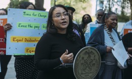 Council Member Jennifer Gutiérrez speaks during a press conference by the Council’s Black, Latino and Asian Caucus highlighting the pay disparities in early childhood education.