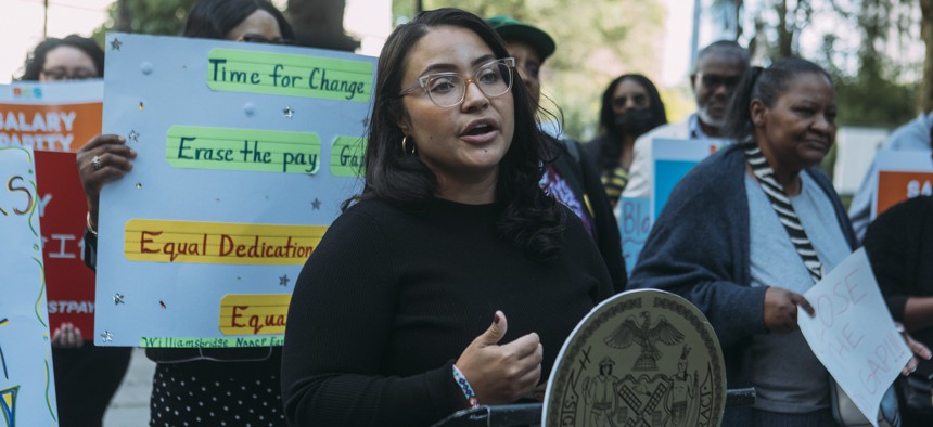 Council Member Jennifer Gutiérrez speaks during a press conference by the Council’s Black, Latino and Asian Caucus highlighting the pay disparities in early childhood education.