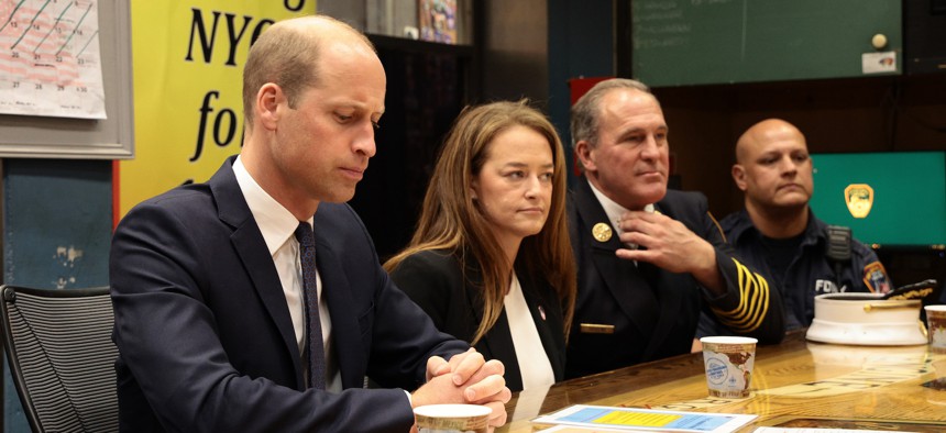 Prince William meets with FDNY Commissioner Laura Kavanaugh at the Ladder Co. 10/Engine Co. 10 fire house Lower Manhattan Firehouse on Tuesday