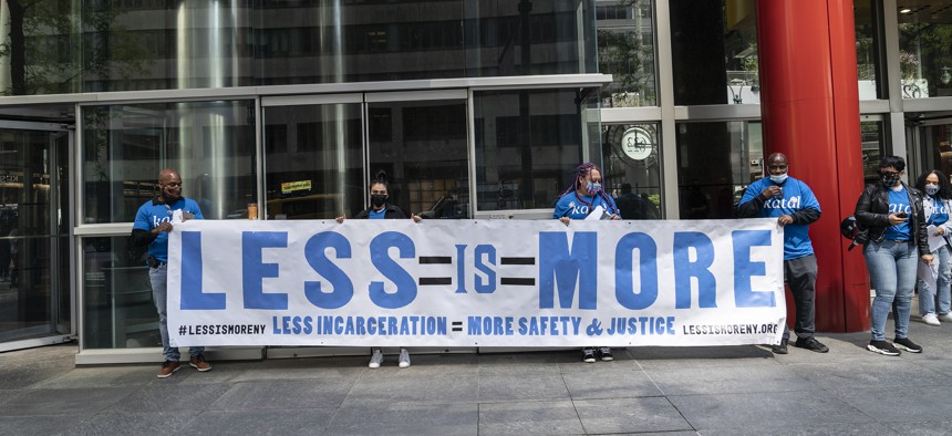Activists from the Katal Center rally in front of Gov. Andrew Cuomo's office on May 7, 2021 to demand he support the "Less Is More" parole reform bill. Gov. Kathy Hochul signed the bill into law on Sept. 17, 2021.