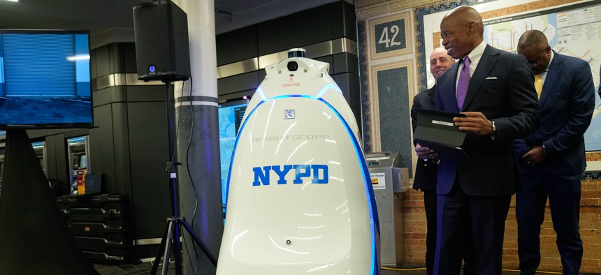 Mayor Eric Adams introduces the new NYPD robot called K5 at the Times Square subway station on Sept. 22, 2023.