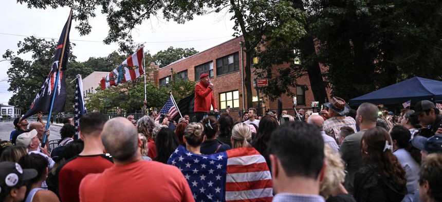 Former Republican New York City mayoral candidate Curtis Sliwa spoke at an anti-immigration protest held on Staten Island in August.