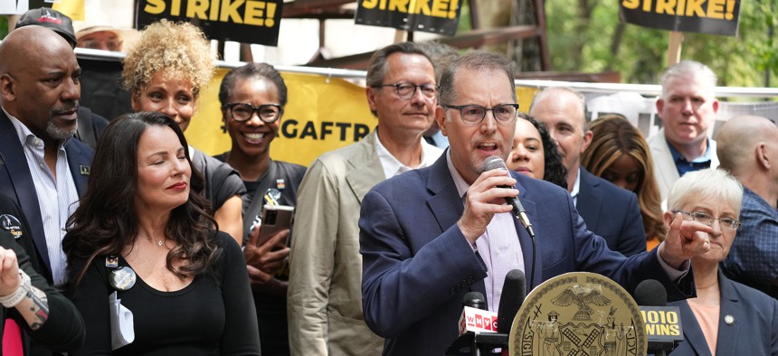 Mark Levine speaks at a SAG-AFTRA rally at City Hall on Aug. 1, 2023.