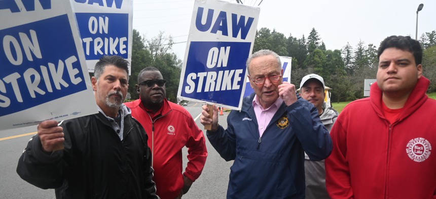 Chuck Schumer joined striking UAW workers outside a Stellantis parts distribution center in Rockland County.