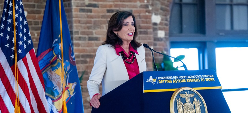 Gov. Kathy Hochul announces 18,000 jobs available to asylum-seekers and migrants as part of statewide initiative to move individuals out of shelters.