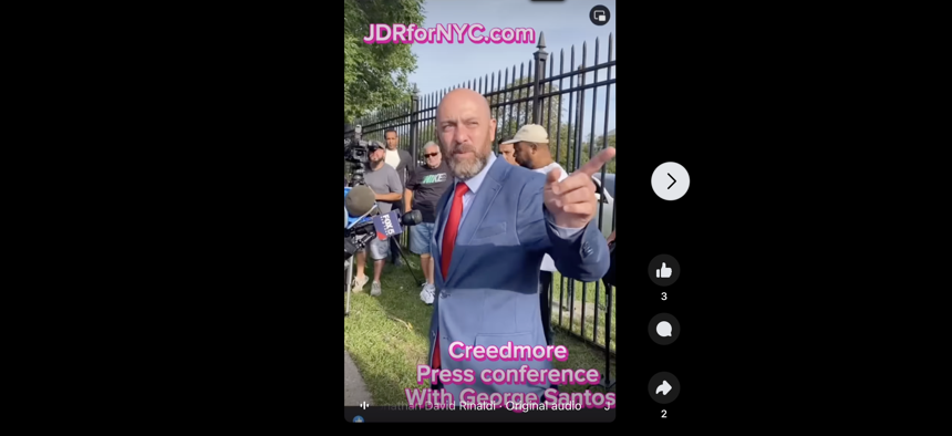 In August, Jonathan Rinaldi spoke at a rally featuring Rep. George Santos outside the Creedmoor migrant shelter.