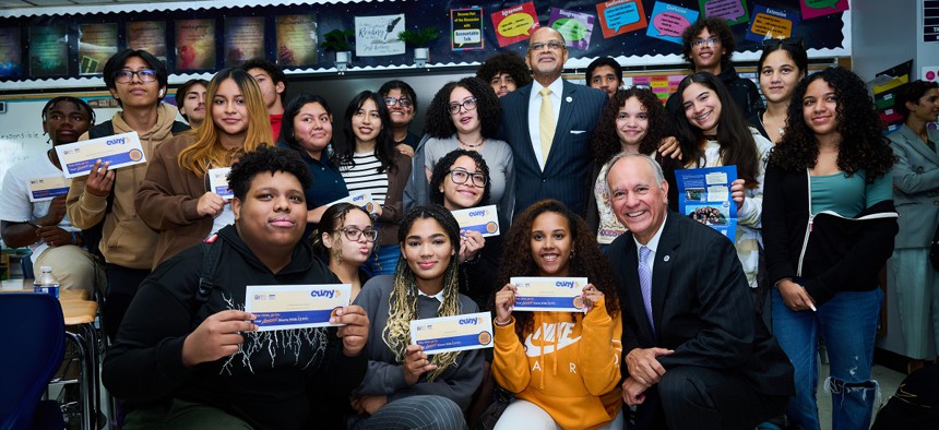 CUNY Chancellor Félix V. Matos Rodríguez and NYC Schools Chancellor David C. Banks give welcome letters to seniors at City College Academy of the Arts.