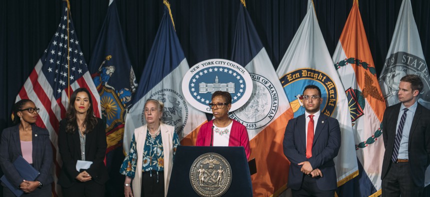 New York City Council Speaker Adrienne Adams holds a pre-stated press conference on Oct. 5, 2023.