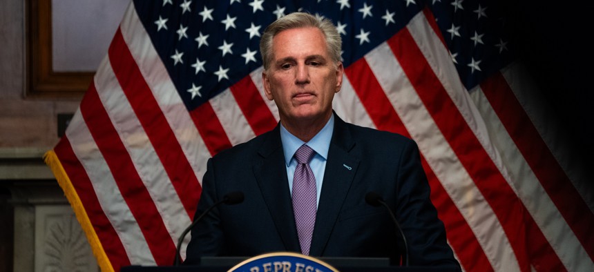 Rep. Kevin McCarthy holds a press conference after being ousted as speaker on Capitol Hill.