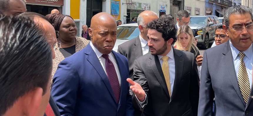 New York City Mayor Eric Adams meets with members of the H. Congreso del Estado de Puebla in Puebla, Mexico, on his trip south of the border Thursday