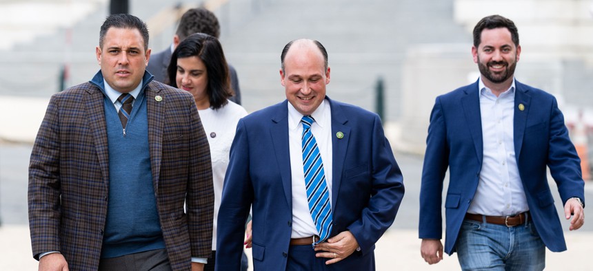 Reps. Anthony D'Esposito, Nicole Malliotakis, Nick Langworthy and Mike Lawler arrive for the House Republicans’ “Candidate Forum for Speaker’ in the Longworth House Office Building.