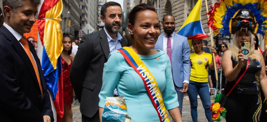 Deputy Mayor Ana Almanzar spoke at a flag-raising ceremony for Colombia on July 20, 2023.