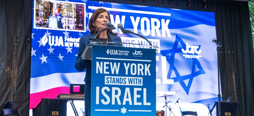 Gov. Kathy Hochul speaks at a “NY Stands with Israel” vigil and rally on Oct. 10, 2023.