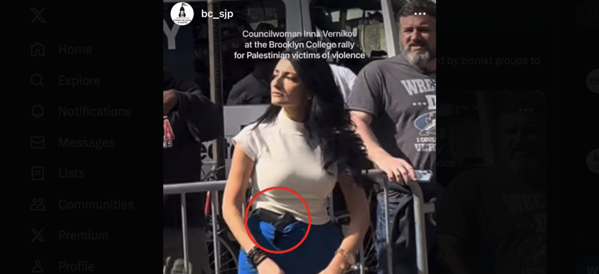 A screenshot of an Instagram post by Brooklyn College Students for Justice in Palestine shows City Council Member Inna Vernikov openly carrying a handgun.
