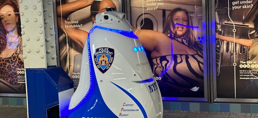 The NYPD’s K5 robot is docked inside the Times Square subway station on Oct. 9, 2023.