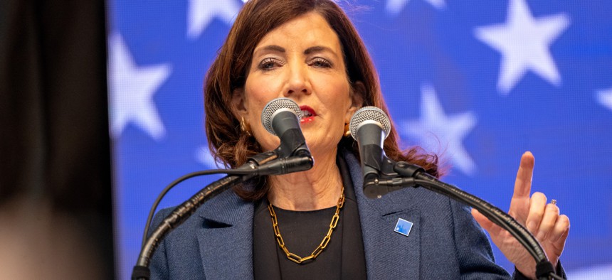 Gov. Kathy Hochul speaks at a 'New York Stands With Israel' vigil in New York City.