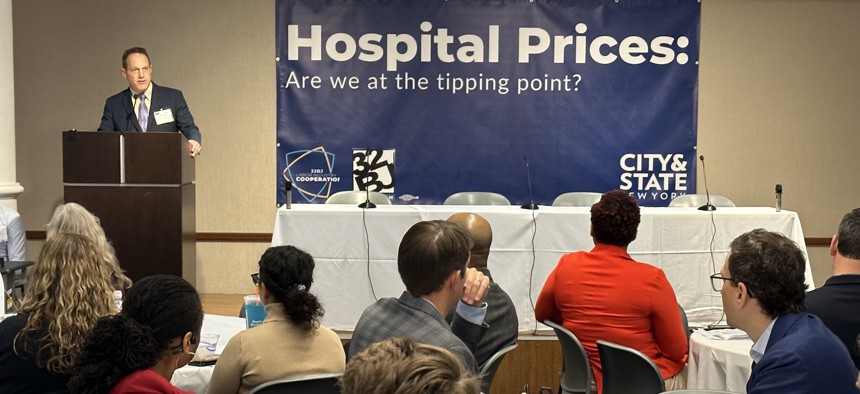 Manny Pastreich, president of SEIU 32BJ  and chair of the Labor Industry Cooperation Fund, speaks to attendees at City & State’s “Hospital Prices: Are we at the tipping point?” event