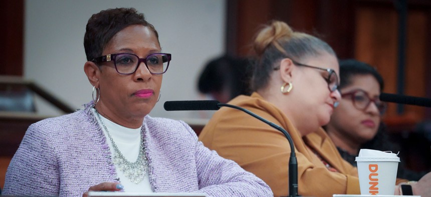 New York City Council Speaker Adrienne Adams at Monday’s Council oversight hearing on costs and projections of asylum-seeker response efforts 