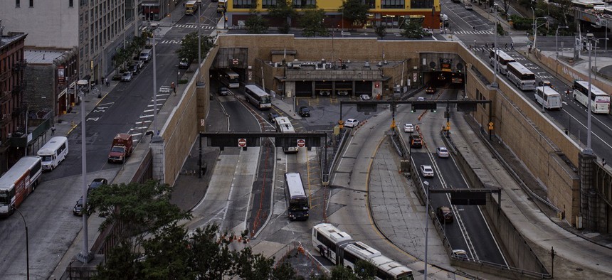 No congestion pricing sensor have been installed on the land around the exit tubes of the Lincoln Tunnel