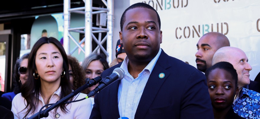 Office of Cannabis Management Executive Director Chris Alexander speaks at the opening of a new crop of legal cannabis dispensaries in New York City.