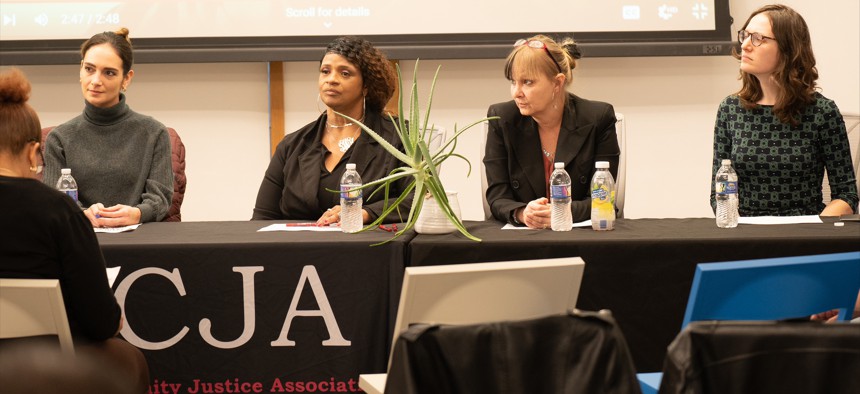 State Sen. Julia Salazar (far left) and Reverend Sharon White-Harrigan (second from left) attend a town hall about the PLAN Act.