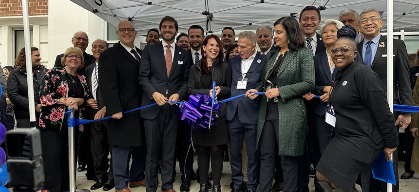 Elected officials at the event included Democratic City Council Member Justin Brannan, fifth from left, Brooklyn Borough President Antonio Reynoso, state Sen. Andrew Gounardes and GOP Rep. Nicole Malliotakis (sixth from right) and City Council Member Ari Kagan, along with Democratic state Sen. Iwen Chu and Republican Assembly Member Lester Chang. 