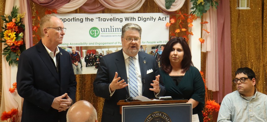 From left to right: State Sens. Rob Rolison and Pete Harckham, CP Unlimited Hudson Valley Executive Director Penny Pagliaro and Diego Ortiz)