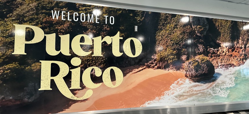 The welcome sign at the Luis Muñoz Marín International Airport in San Juan, Puerto Rico