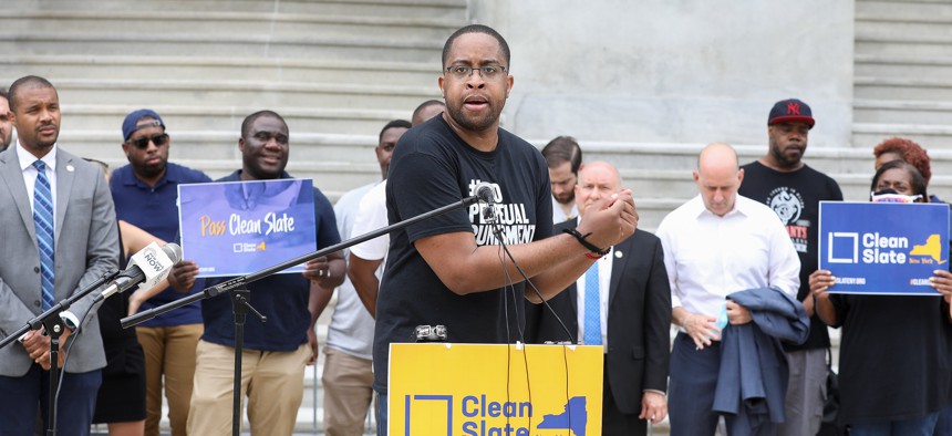 State Sen. Zellnor Myrie, pictured here at a 2021 rally, has been pushing Clean Slate for years.