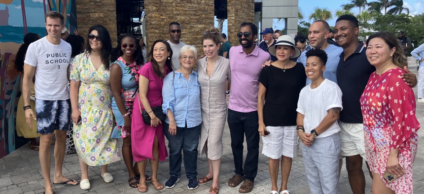 From left: City Council Members Erik Bottcher, (elect) Susan Zhuang, Nantasha Williams, Linda Lee, Lynn Schulman, Julie Menin, Shekar Krishnan, Rep Nydia Velázquez, Rep. Hakeem Jeffries, City Council Members Crystal Hudson, Chi Ossé and Rep. Grace Meng