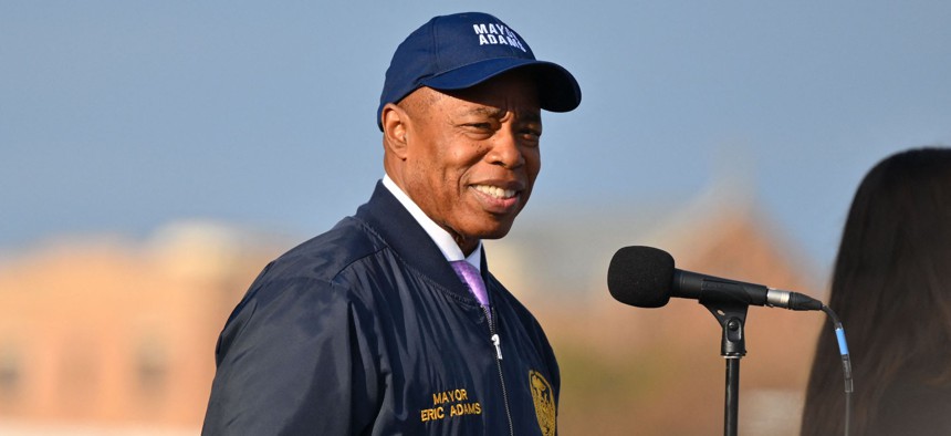 New York's Mayor Eric Adams delivers a speech prior to the New York City Marathon on Nov. 5, 2023.