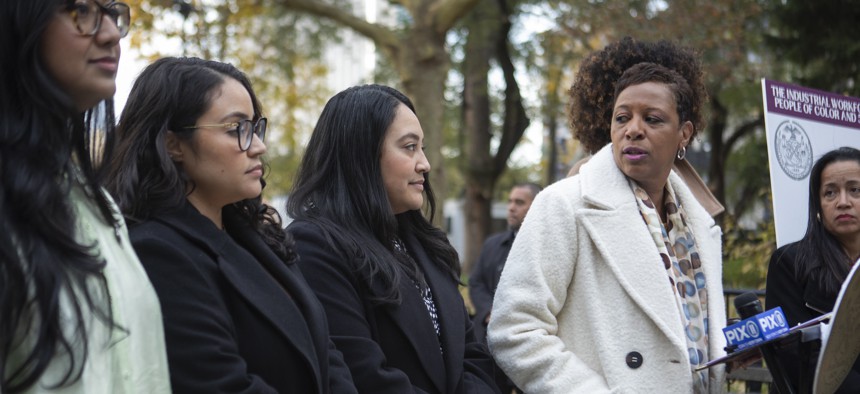 From left, City Council Members Shahana Hanif, Jen Gutiérrez and Amanda Farías with City Council Speaker Adrienne Adams. Gutiérrez and Farías want a plan for more industrial space in New York City.