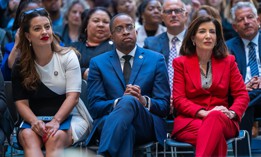 From left, Assembly Member Catalina Cruz, state Sen. Zellnor Myrie and Gov. Kathy Hochul.