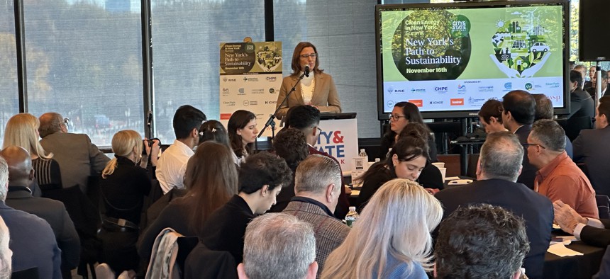 NYSERDA president and CEO Doreen Harris speaks at the City & State Clean Energy Summit.