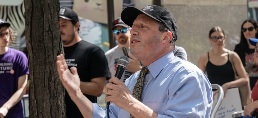 City Comptroller Brad Lander speaks as striking members of Writers Guild of America picketing in front of NBC Universal.