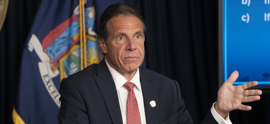 Former Gov. Andrew Cuomo holds a press briefing on Aug. 2, 2021. Cuomo resigned eight days later but is now reportedly considering a run for mayor.