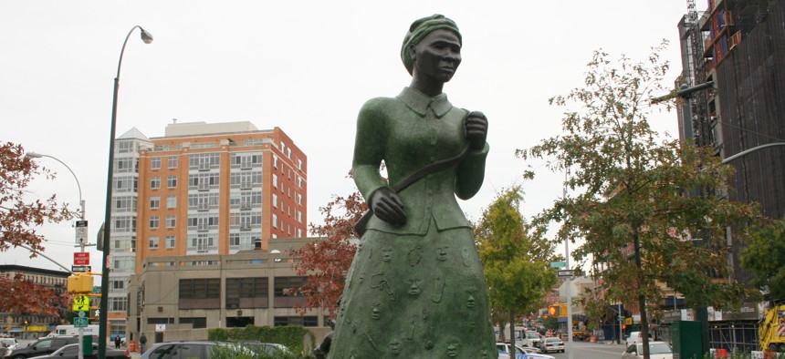 A statue of Harriet Tubman stands in Harlem.