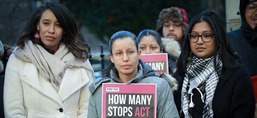 Council Members Sandy Nurse, Tiffany Cabán and Shahana Hanif attend a rally outside City Hall in support of the How Many Stops Act on Dec. 20, 2023.